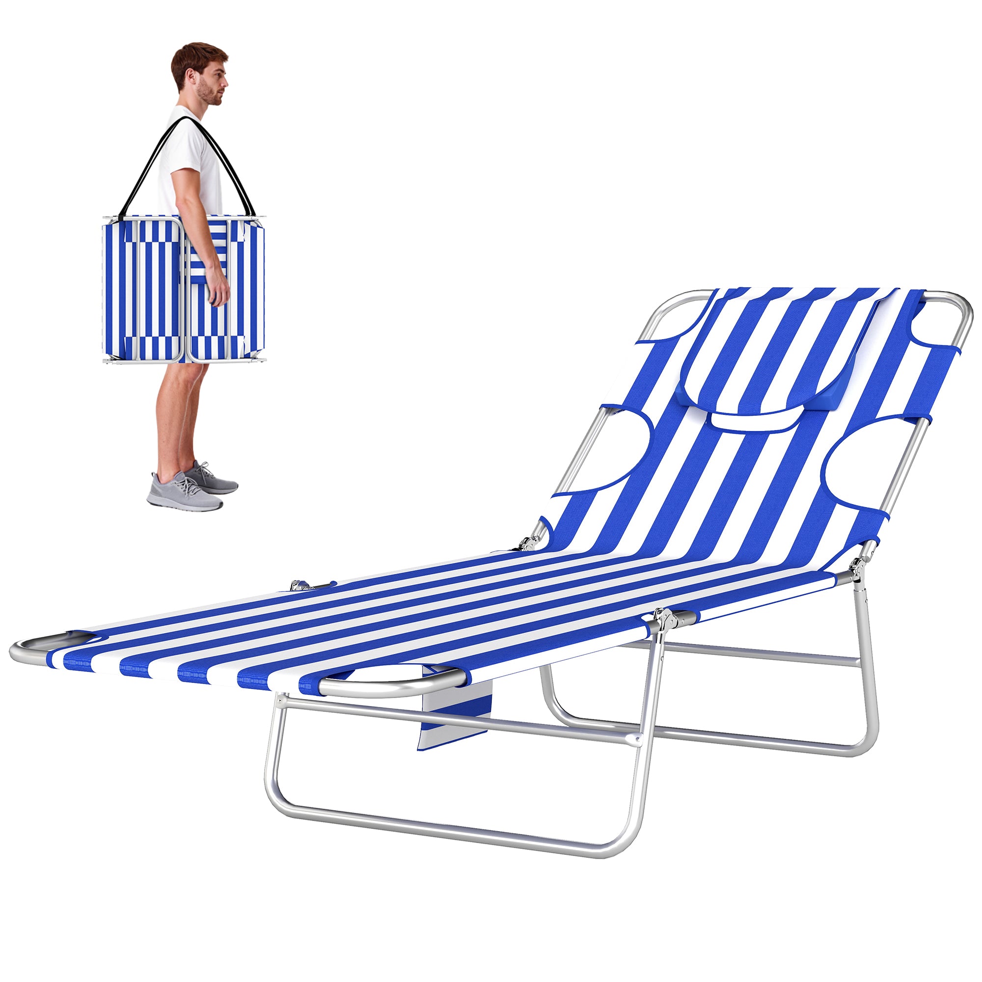 Tanning Chair with Face Hole, 5-Level Adjustable Outdoor Chaise Lounge Chair with Pillow for Beach, Pool