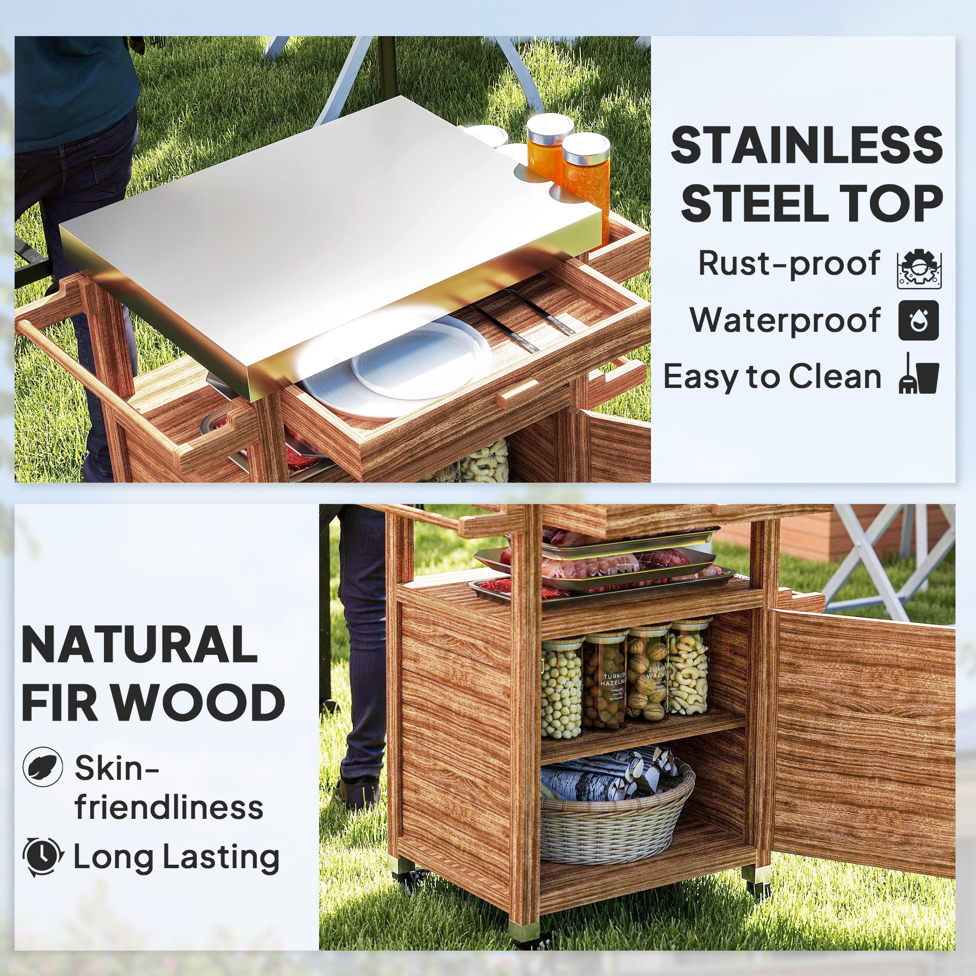 Outdoor Grill Cart with Stainless Steel Top, Solid Wood Outdoor Kitchen Island with Wheels, Drawer, Side Handle, Brown
