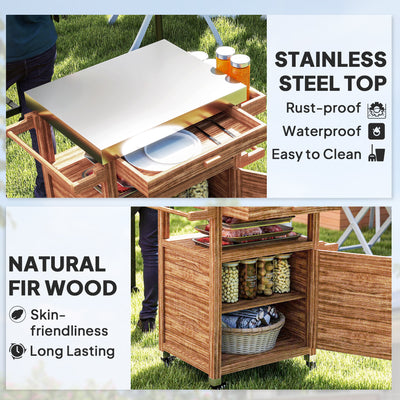Outdoor Grill Cart with Stainless Steel Top, Solid Wood Outdoor Kitchen Island with Wheels, Drawer, Side Handle, Brown