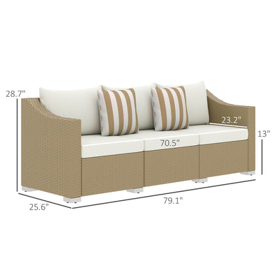 Rattan Wicker 3 Seater Patio Couch with Cushions, 2 Throw Pillows, Outdoor Furniture Rattan Sofa