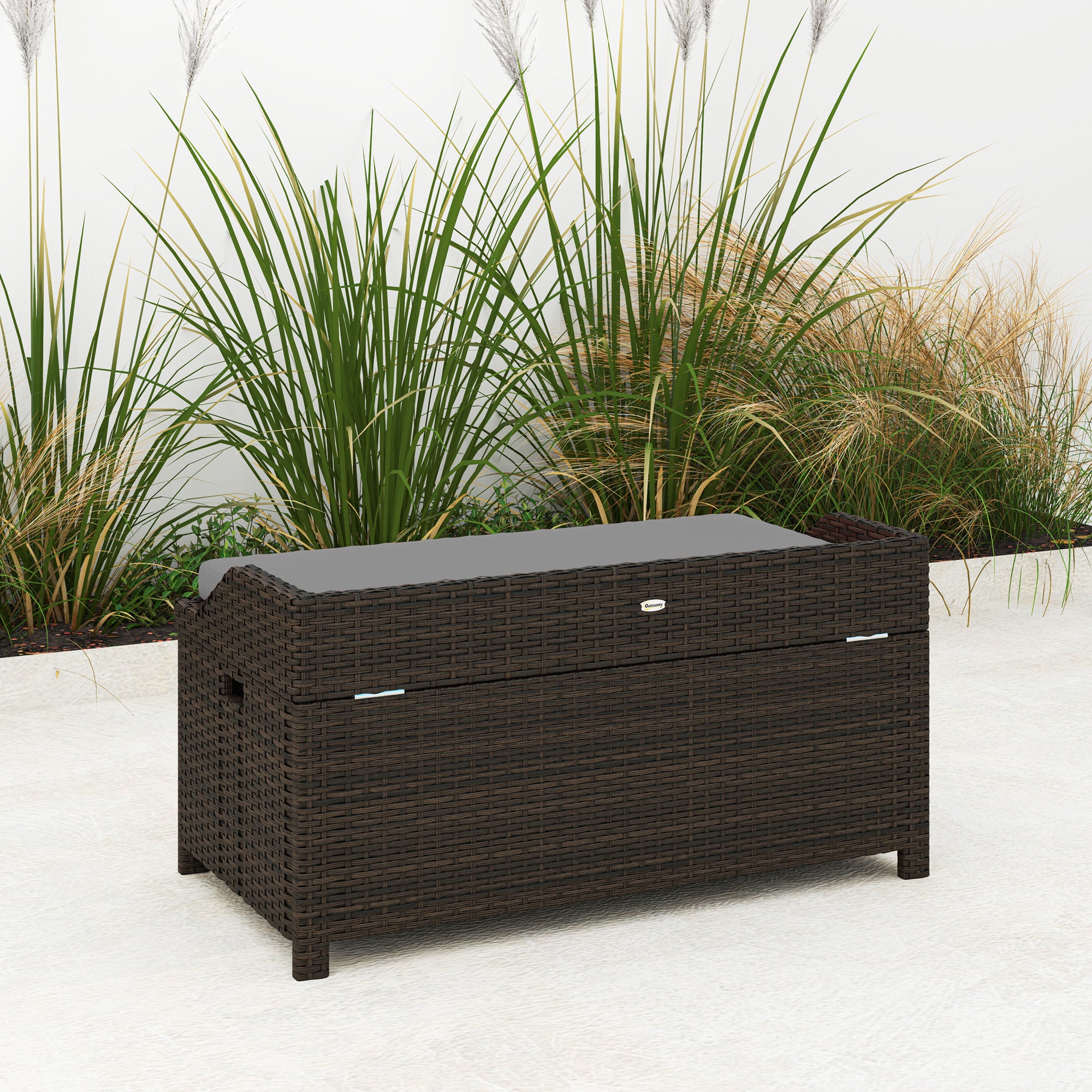 Outdoor Wicker Storage Bench with Storage & Cushion