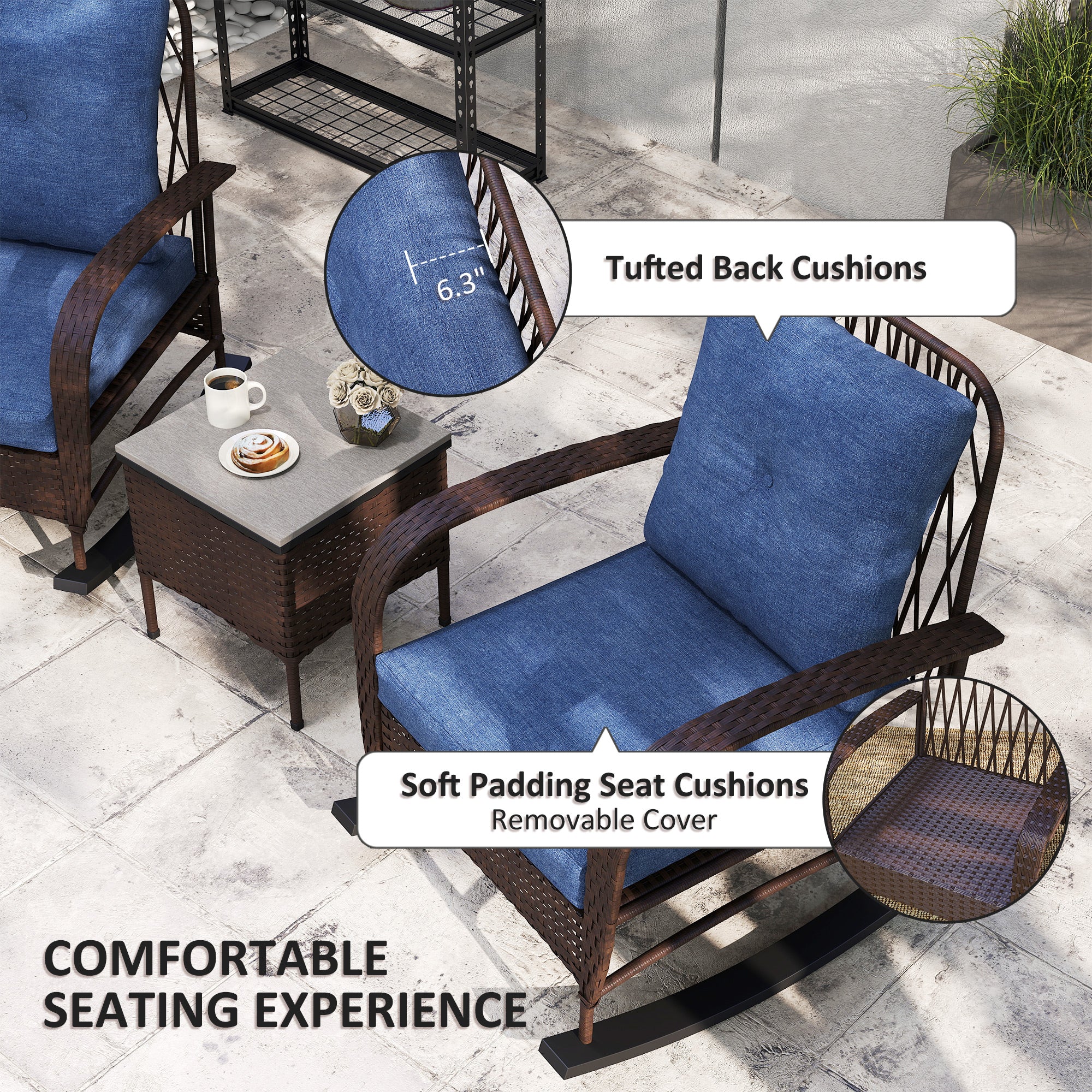 3 Piece Wicker Patio Furniture Set, Outdoor PE Rattan Rocking Chairs with Coffee Table, Cushions for Porch