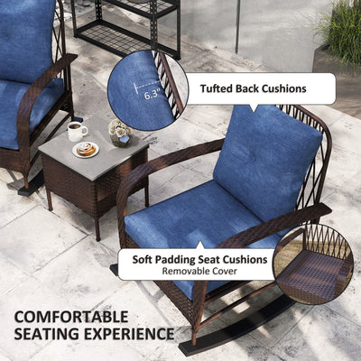 3 Piece Wicker Patio Furniture Set, Outdoor PE Rattan Rocking Chairs with Coffee Table, Cushions for Porch