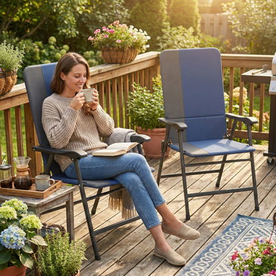 Folding Patio Chairs Set of 2, Padded High Back Lawn Camping Chairs with Armrests, 600D Oxford Fabric