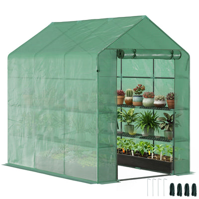 7' x 5' x 6' Walk-in Greenhouse for Outdoors with Mesh Door, 18 Shelf Hot House with Trellis, Plant Labels, UV Protective, Steel Frame for Growing Flowers, Herbs, Vegetables, Saplings, Green