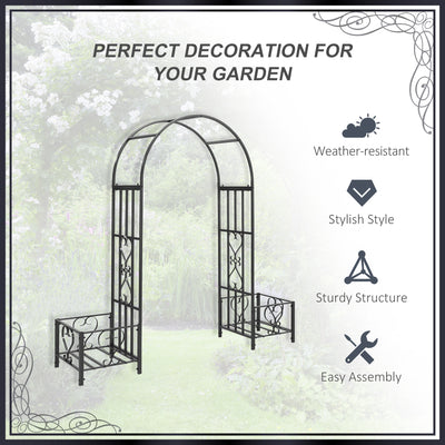 6.7' Steel Garden Arch Arbor with Scrollwork Hearts, Planter Boxes for Climbing Vines, Ceremony, Weddings, Party, Backyard, Lawn, Dark Gray