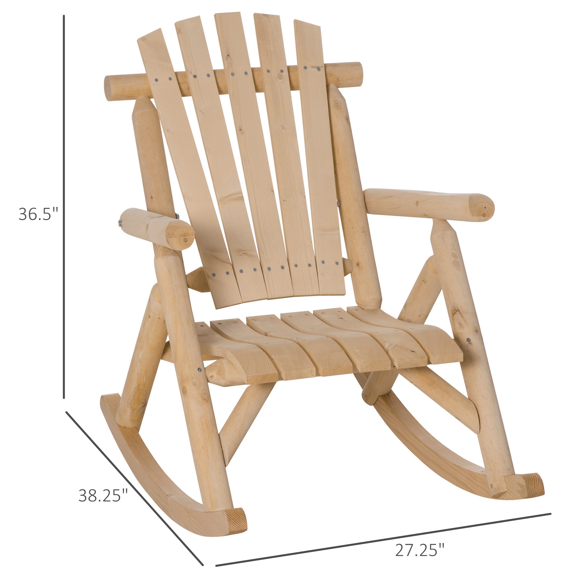 Outdoor Wooden Rocking Chair, Single-Person Rustic Adirondack Rocker with Slatted Seat, High Backrest, Armrests for Patio, Garden and Porch