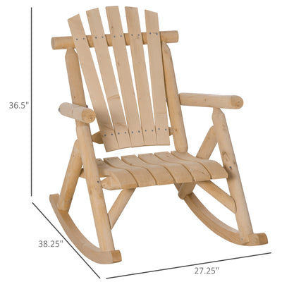 Outdoor Wooden Rocking Chair, Single-Person Rustic Adirondack Rocker with Slatted Seat, High Backrest, Armrests for Patio, Garden and Porch