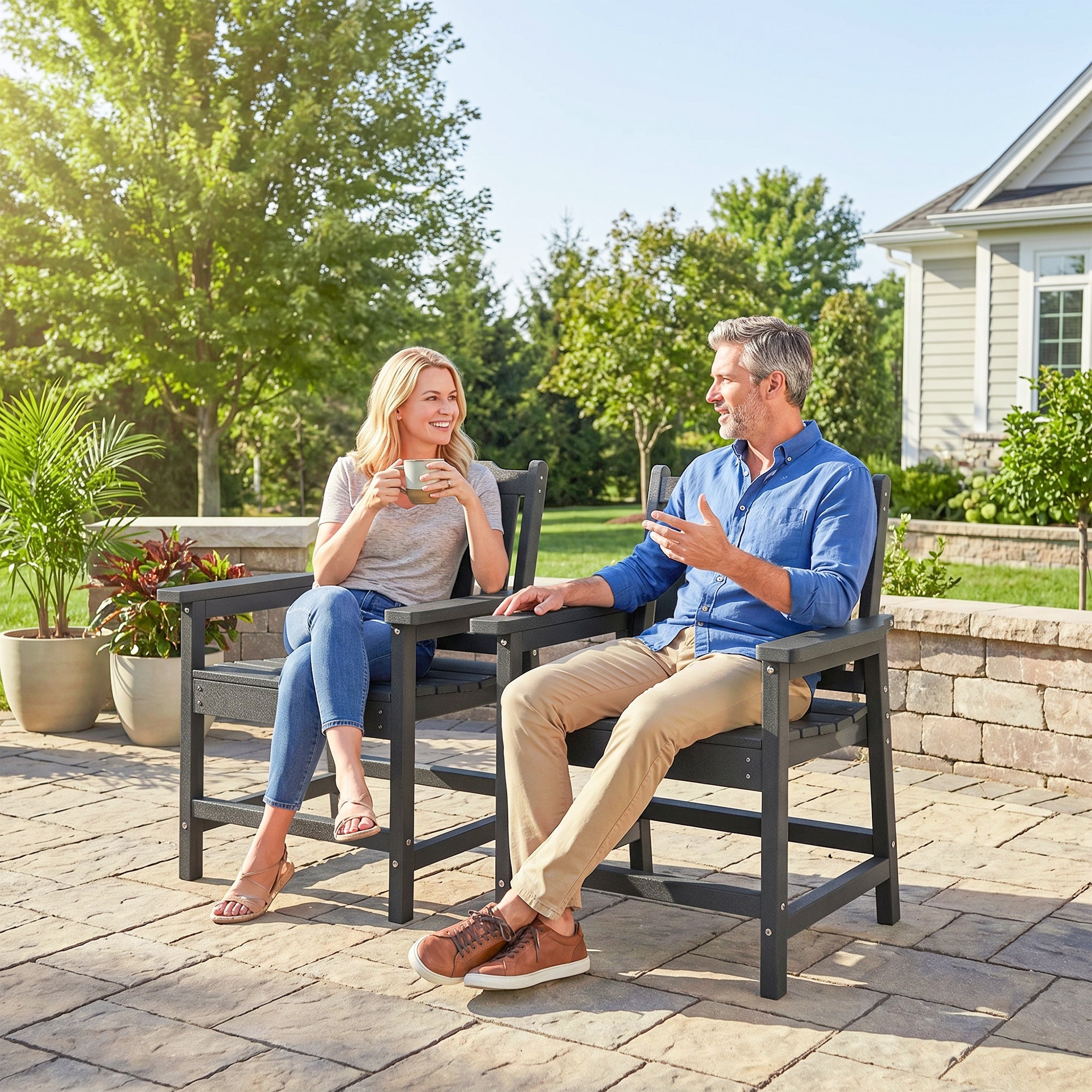 2 Piece All-Weather Patio Chairs, HDPE Patio Dining Chair Set, Heavy Duty Wood-Like Outdoor Furniture