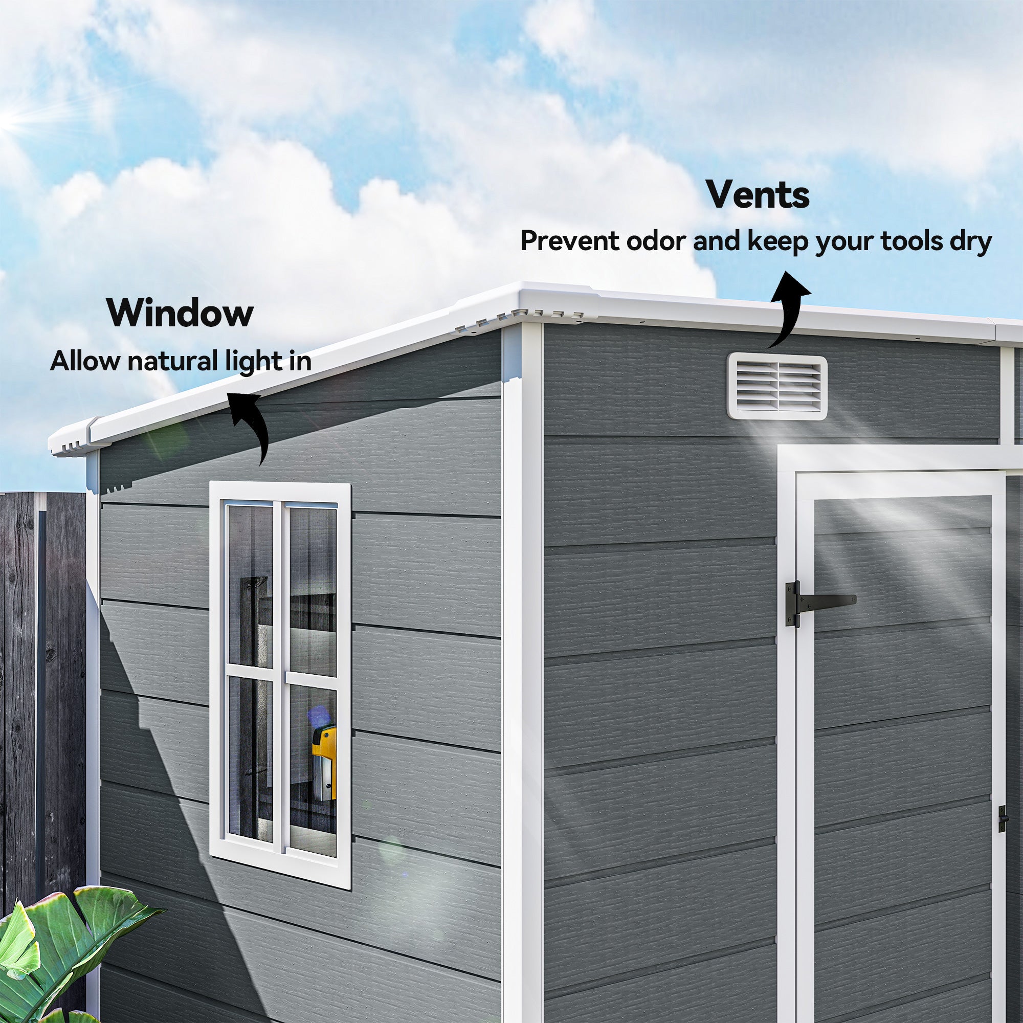 8' x 4' Plastic Outdoor Storage Shed with Floor, Window, Lockable Doors and Vents for Backyard Patio Lawn