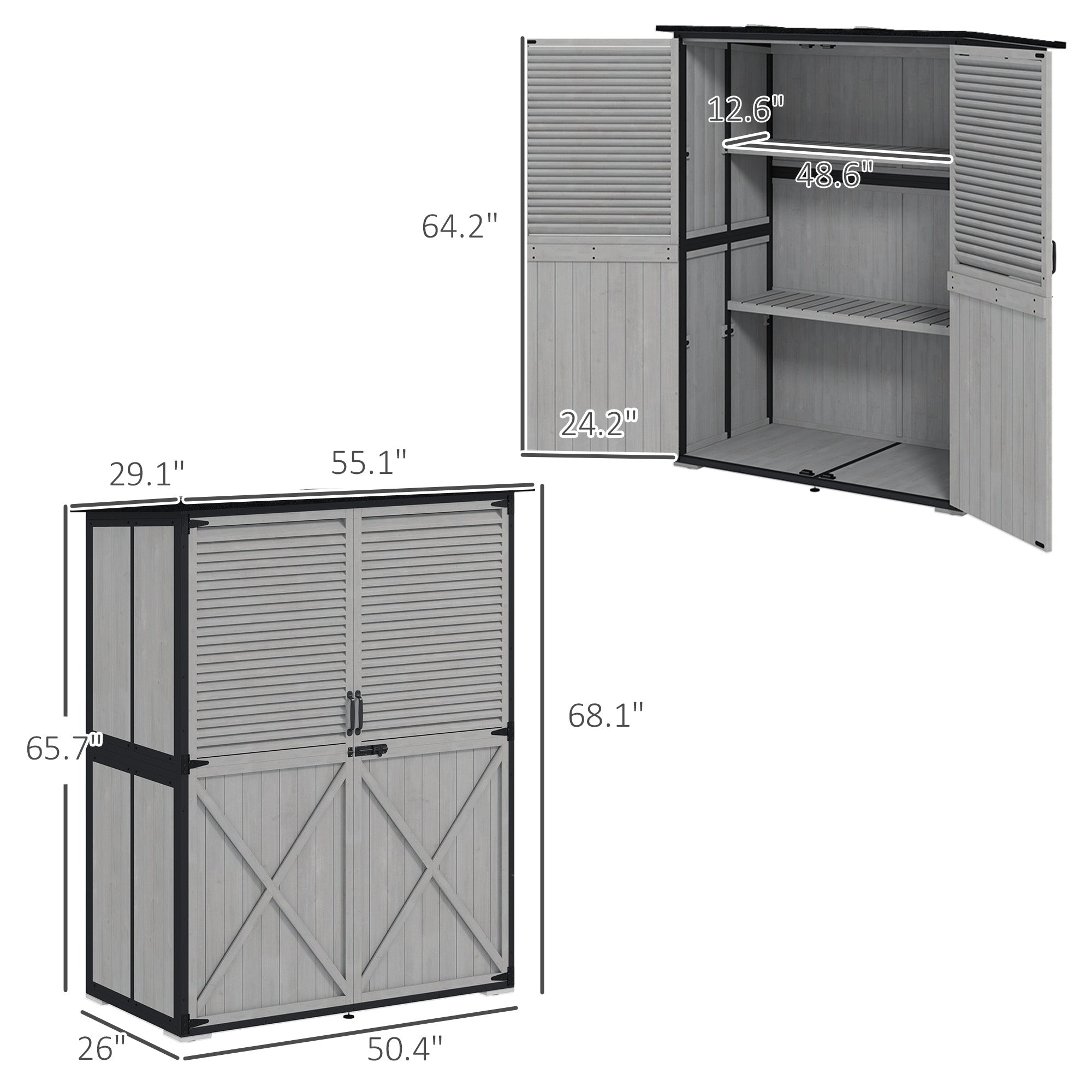Wood Storage Shed, Outdoor Garden Shed with Asphalt Roof, 2 Shelves, Lockable Doors and Adjustable Feet