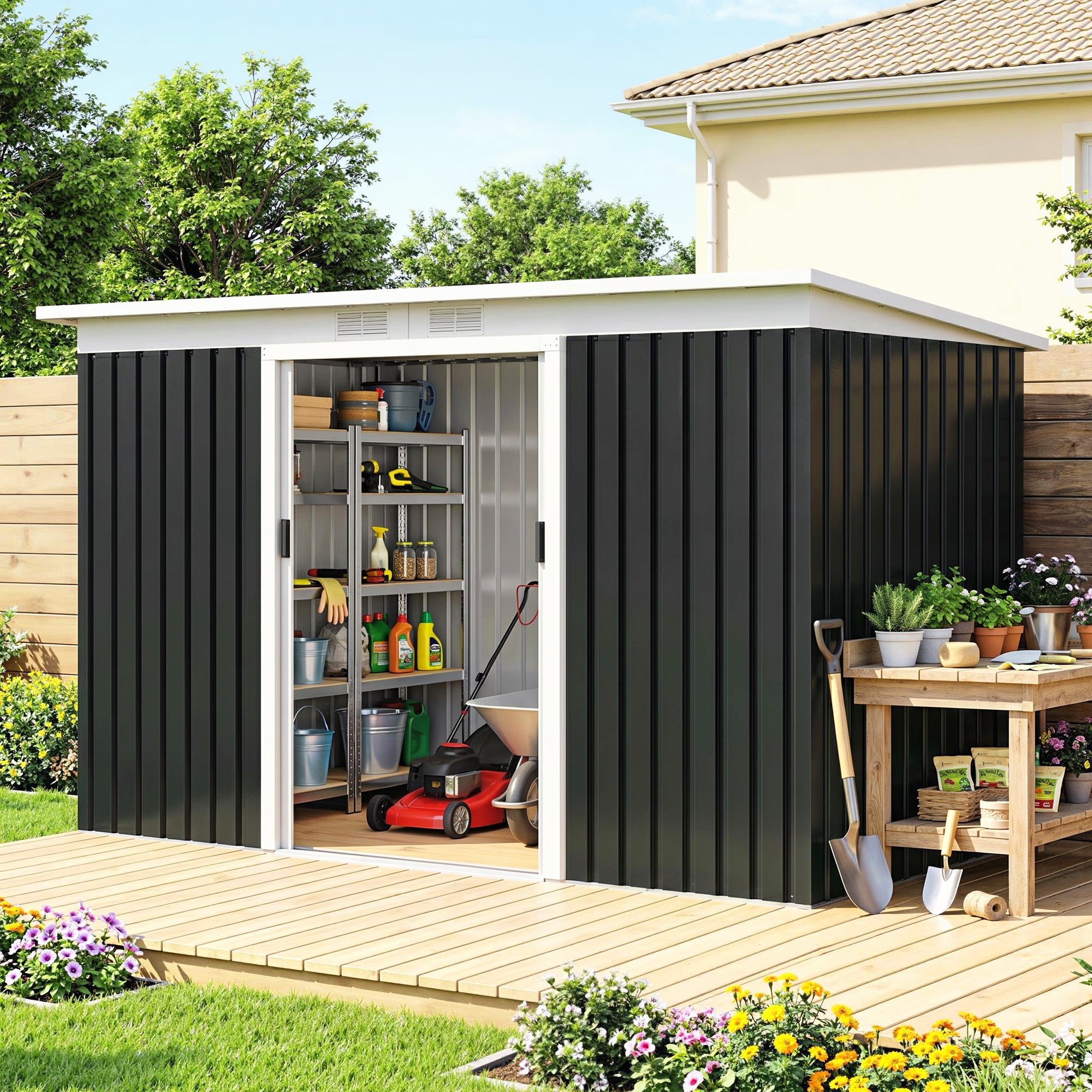 9' x 4' Metal Outdoor Storage Shed, Tool House with Double Lockable Doors for Backyard, Patio, Lawn, Garage