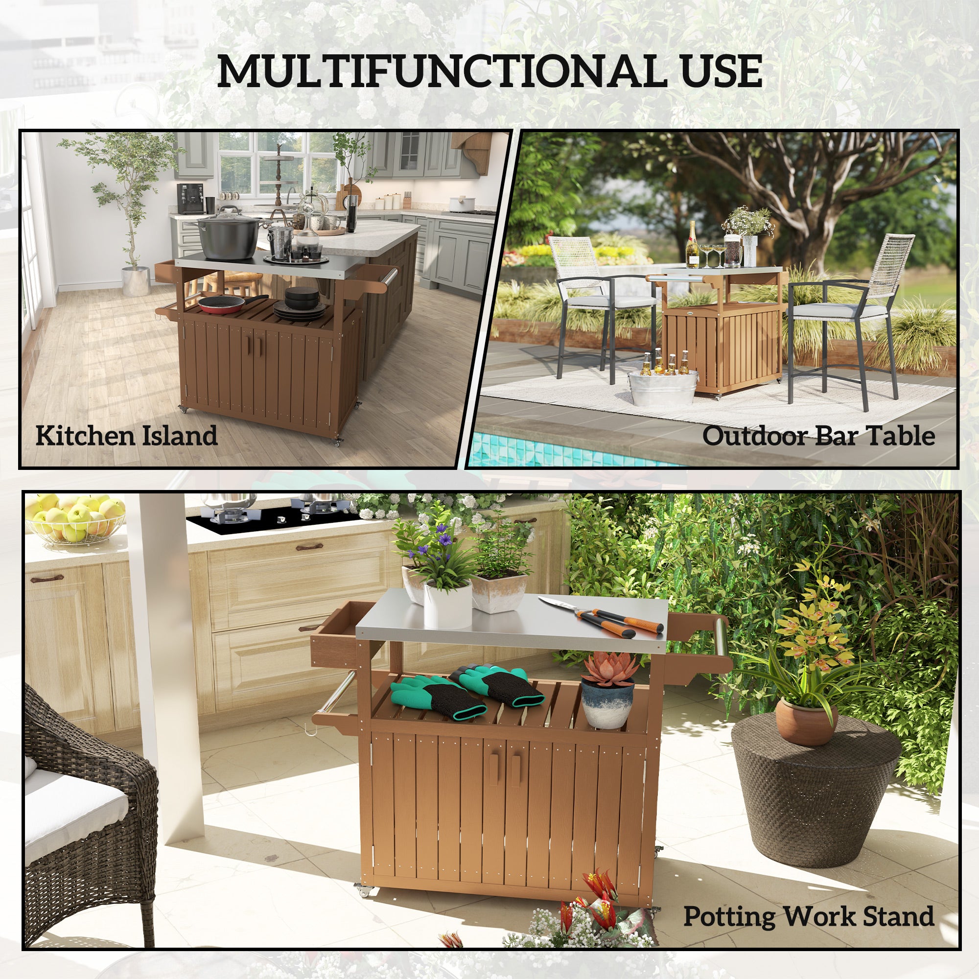 Outdoor Bar Cart with Storage, Stainless Steel Outdoor Bar Table Top, Wheeled HDPE Kitchen Island for Food Prep
