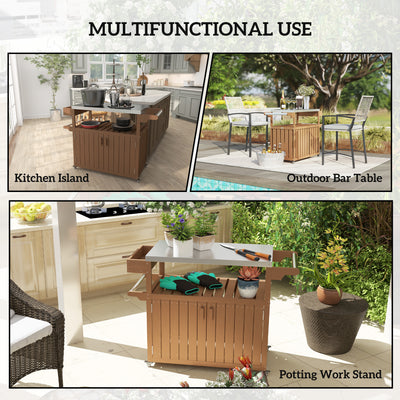 Outdoor Bar Cart with Storage, Stainless Steel Outdoor Bar Table Top, Wheeled HDPE Kitchen Island for Food Prep