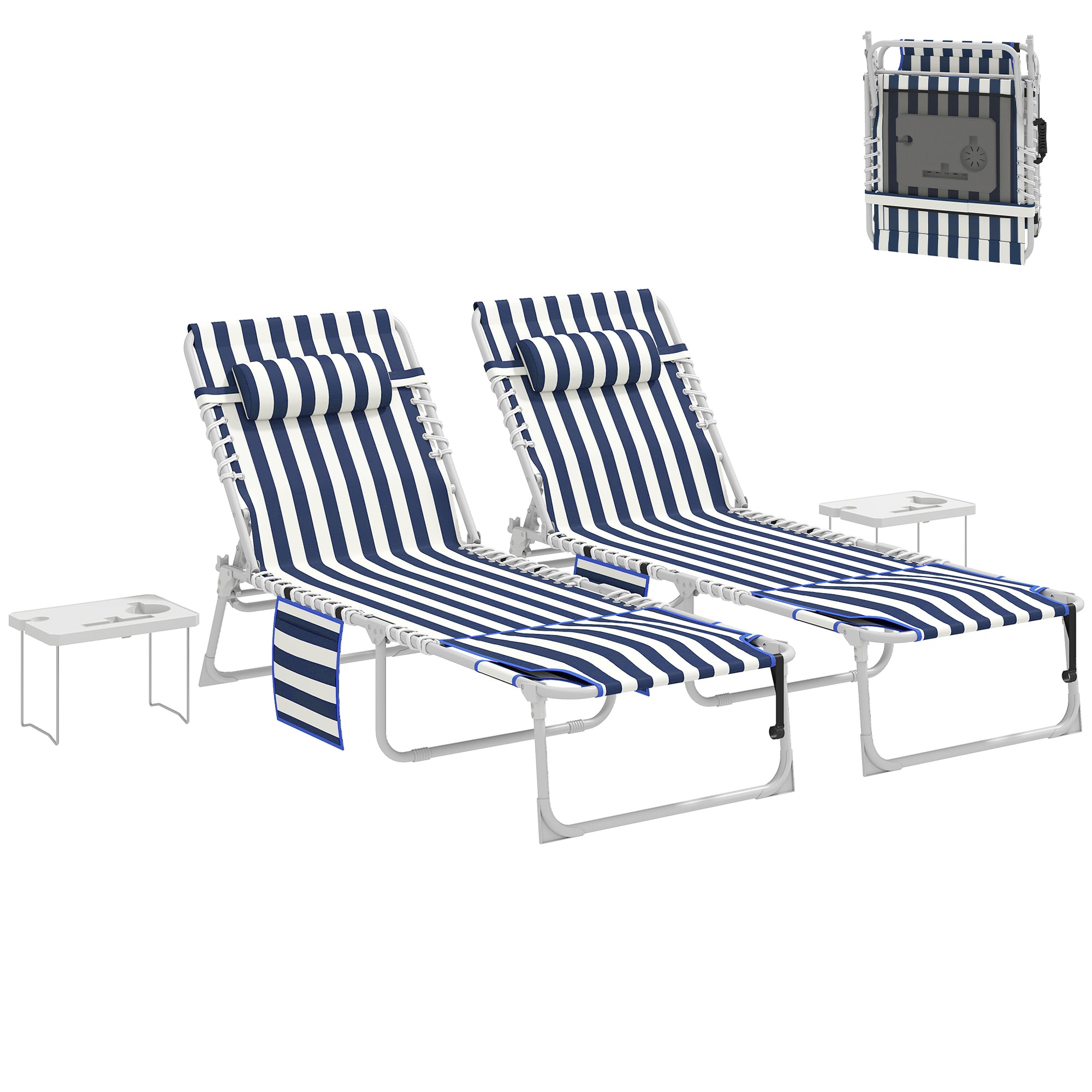 Tanning Chair Set of 2 with Face Hole and Side Table, 5-Position Folding Outdoor Chaise Lounge Chair