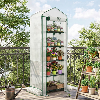 Mini Greenhouse with Screen Roof, 5 Tier Portable Small Greenhouse with High Strength PE Cover