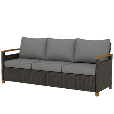 3 Seater Outdoor Couch Sofa, PE Wicker Patio Sofa, Wide Deep Seat, 4" Cushions, Wood-Effect Armrests Legs
