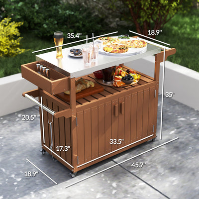 Outdoor Bar Cart with Storage, Stainless Steel Outdoor Bar Table Top, Wheeled HDPE Kitchen Island for Food Prep