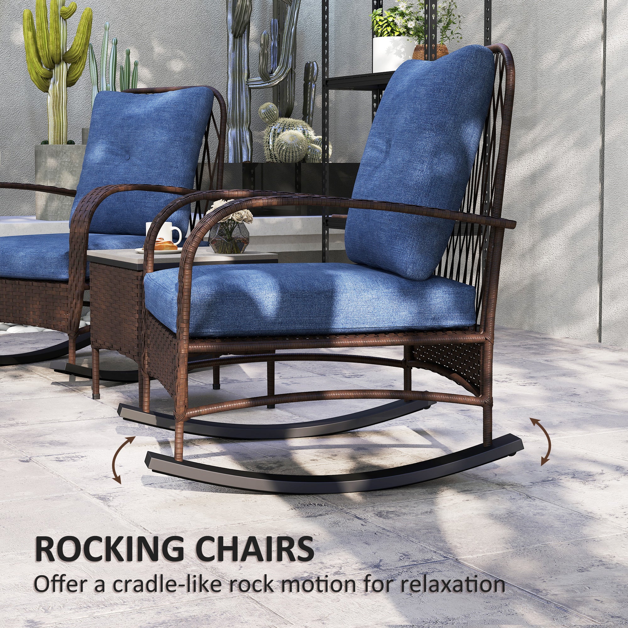 3 Piece Wicker Patio Furniture Set, Outdoor PE Rattan Rocking Chairs with Coffee Table, Cushions for Porch