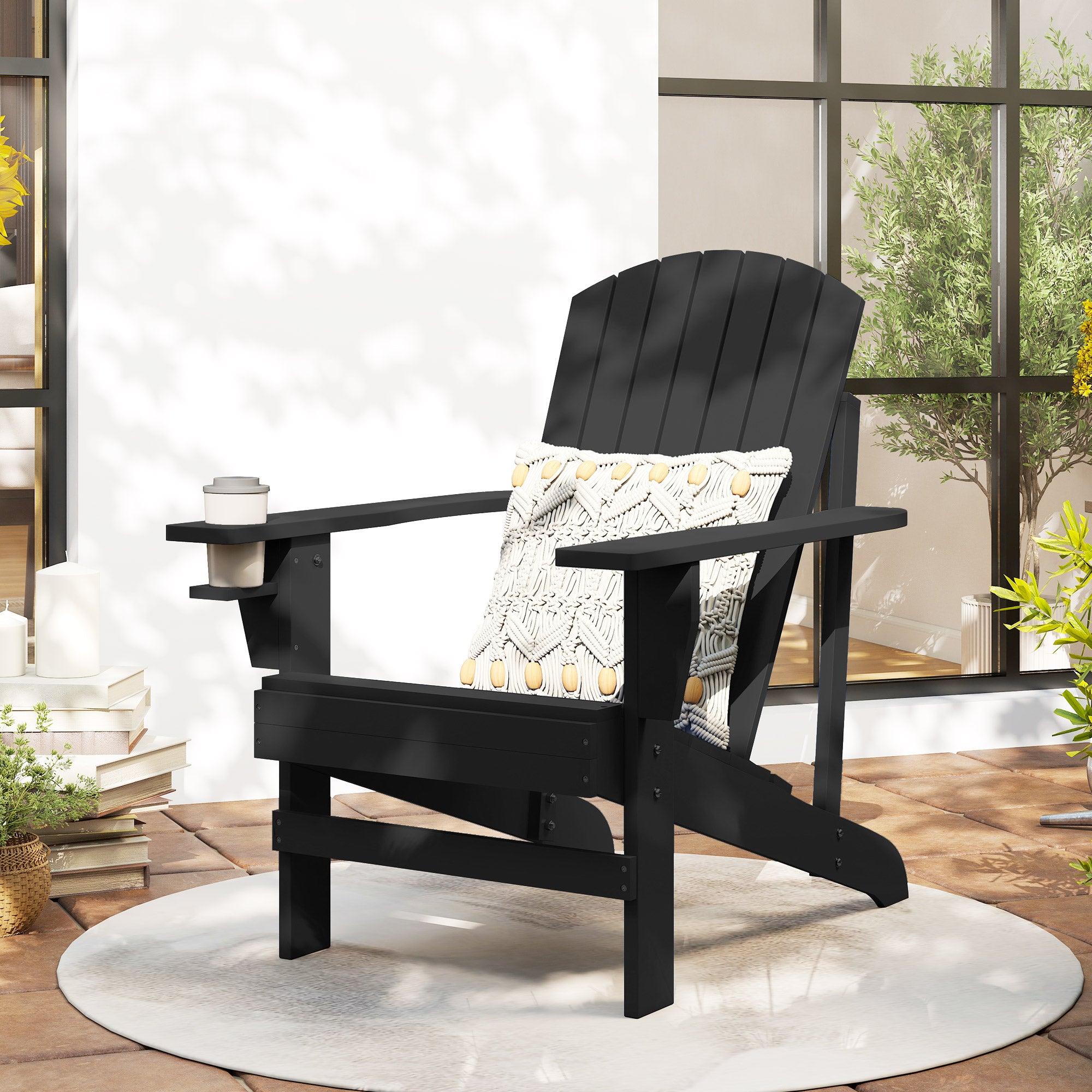 Oversized Adirondack Chair, Outdoor Fire Pit and Porch Seating, Classic Log Lounge w/ Built-in Cupholder