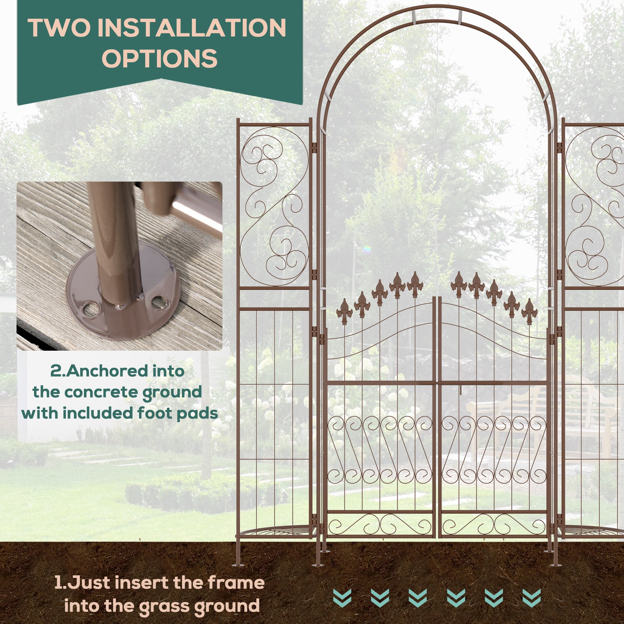 7' Metal Garden Arbor, Garden Arch with Gate, Fleur De Lis Motif, Latching Doors, Planter Shelves for Climbing Vines, Ceremony, Weddings, Party, Garden, Backyard, Lawn, Brown