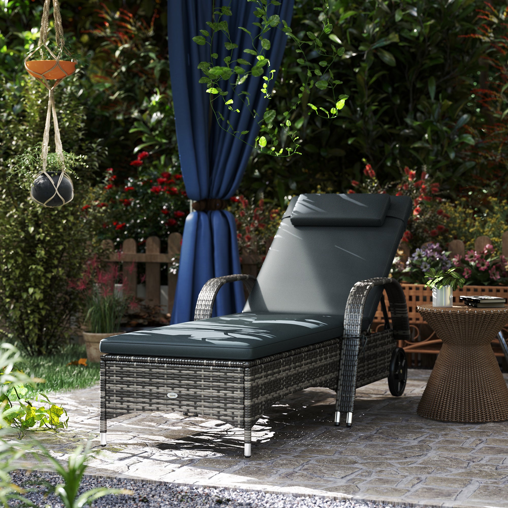 Outdoor Chaise Lounge, 5-Level Adjustable Backrest Rattan Pool Lounge Chair with Wheels, Cushion & Headrest