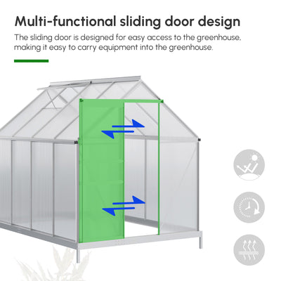 6' x 6' x 6.5' Polycarbonate Greenhouse with Aluminum Frame, Walk-in Heavy Duty Green House with Adjustable Roof Vent, Rain Gutter and Sliding Door for Winter, Silver