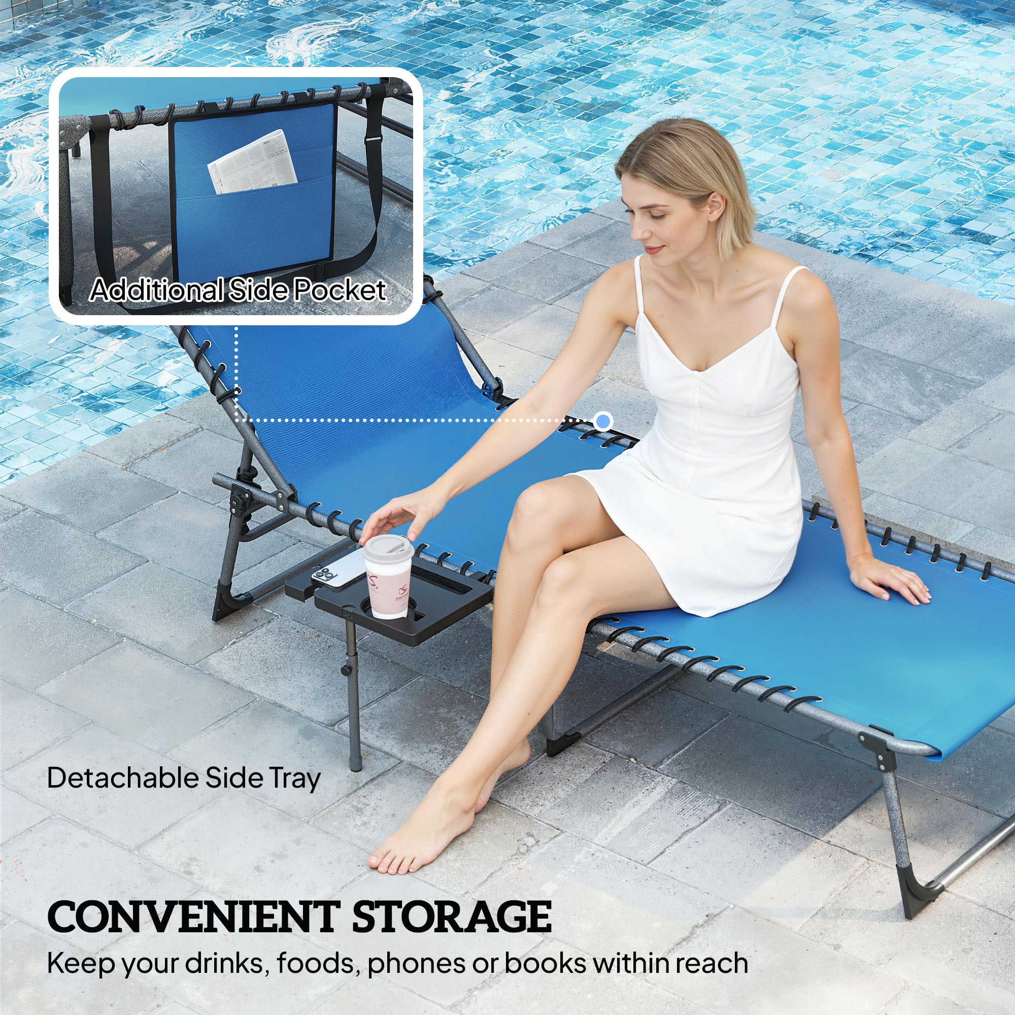Folding Outdoor Chaise Lounge Chair Tanning Chair with 5-Level Adjustable Back, Side Table, Pillow, Pocket