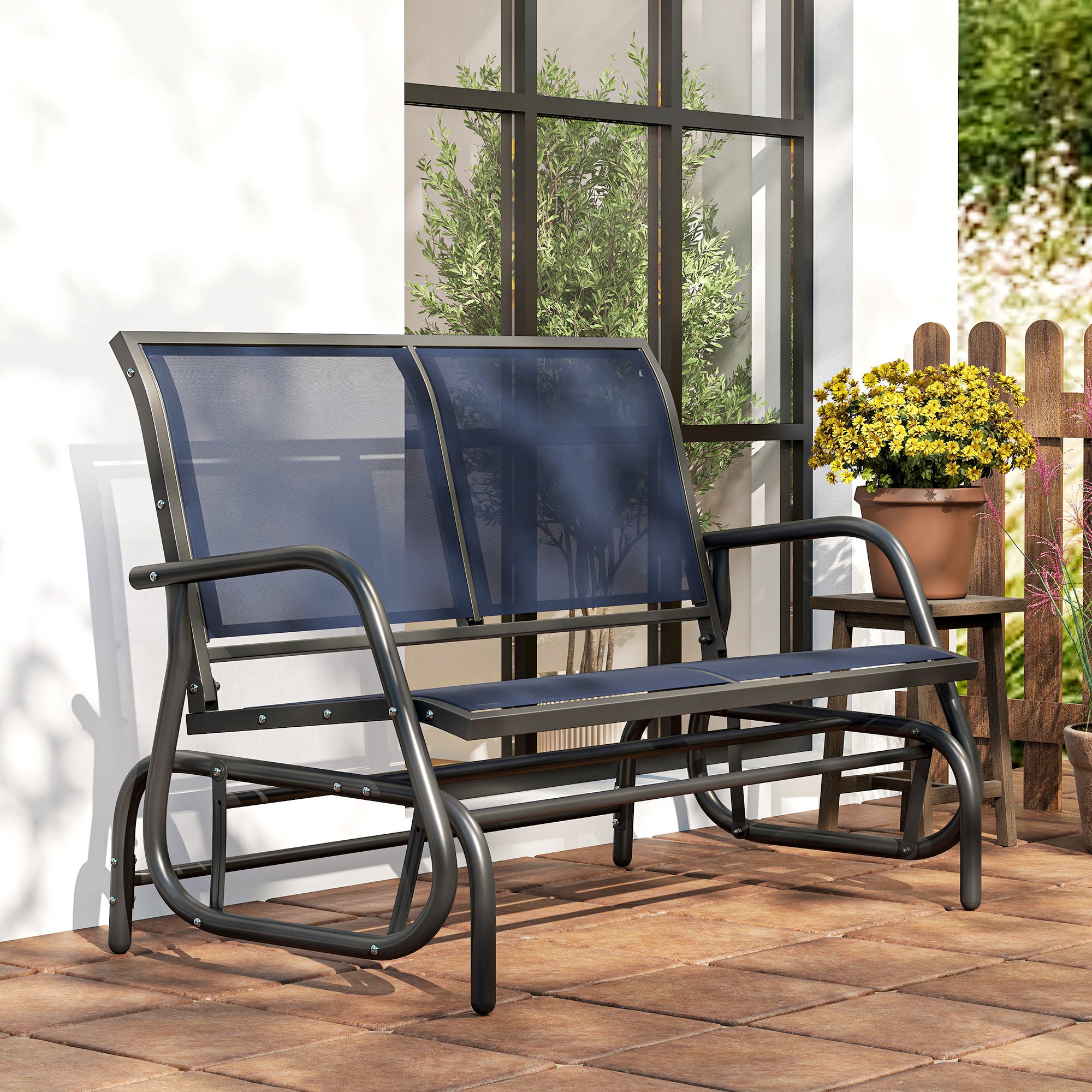 2-Person Outdoor Glider Bench, Patio Double Swing Rocking Chair Loveseat with  Steel Frame, Dark Blue