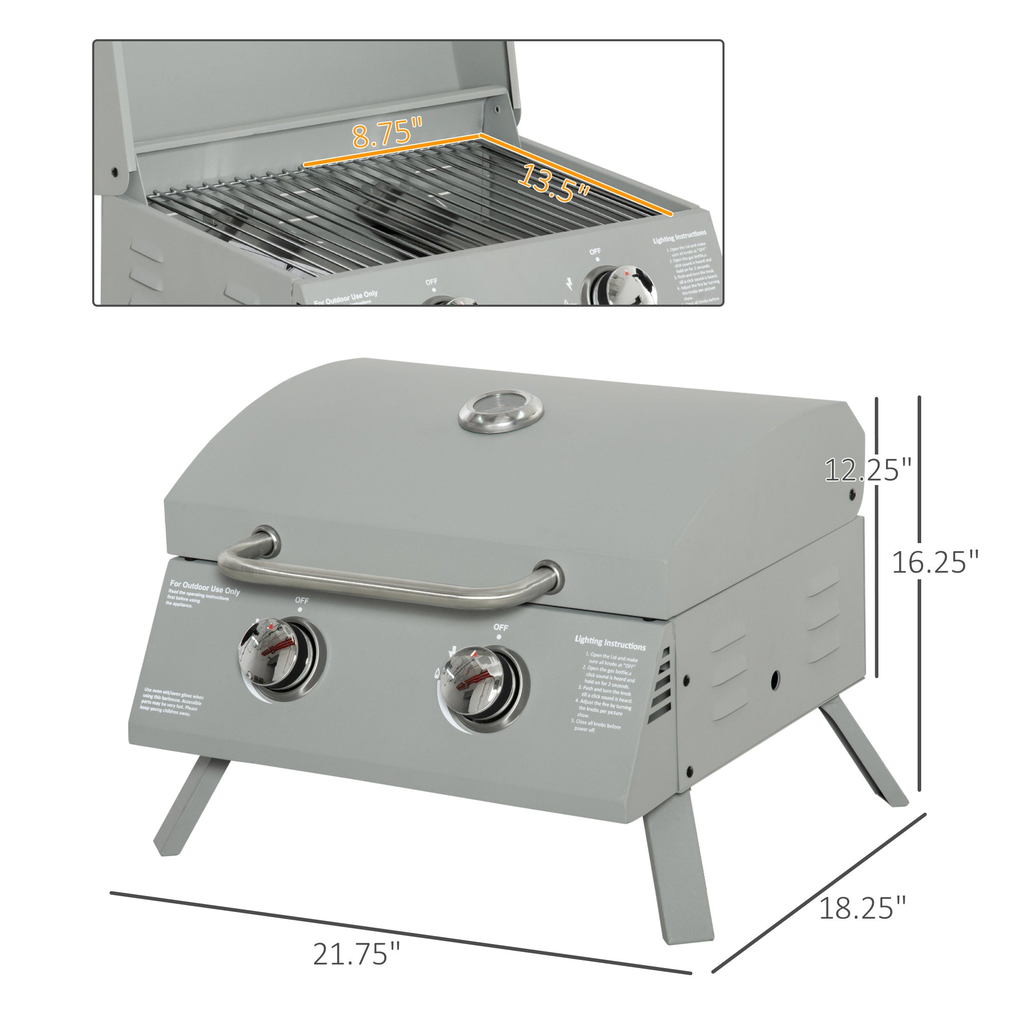21.75" Charcoal BBQ, Portable Grill with 2 Burners, Heat-Resistant Handle, Folding Legs, Removable Ashtray, Thermometer, Carbon Steel, for Outdoor Cooking, Camping