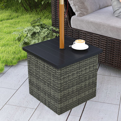 Wicker Side Table with 1.5" Umbrella Hole, Square Outdoor End Table with UV-Resistant Frame, Storage Space