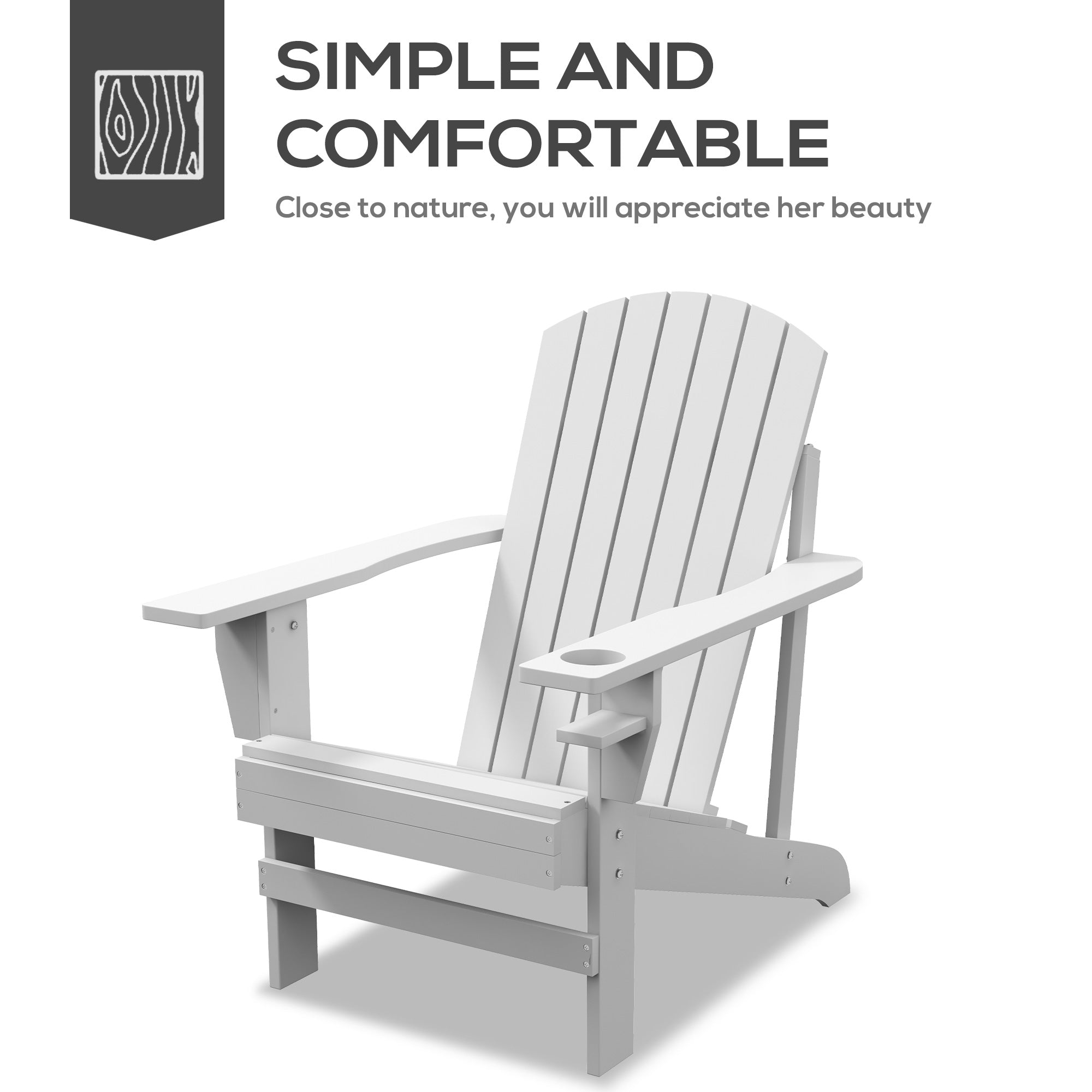 Oversized Adirondack Chair, Outdoor Fire Pit and Porch Seating, Classic Log Lounge w/ Built-in Cupholder, White