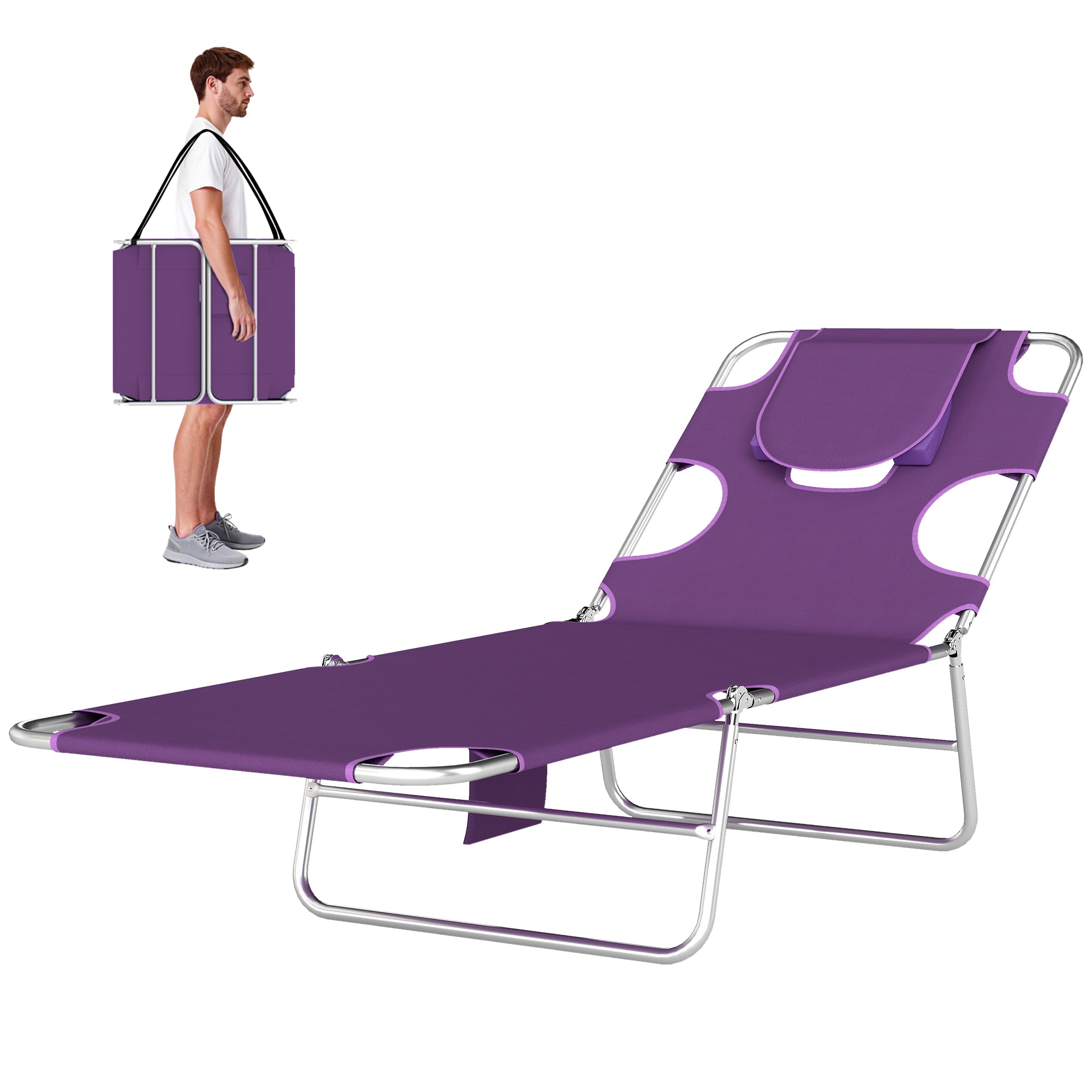 Tanning Chair with Face Hole, 5-Level Adjustable Outdoor Chaise Lounge Chair with Pillow for Beach, Pool
