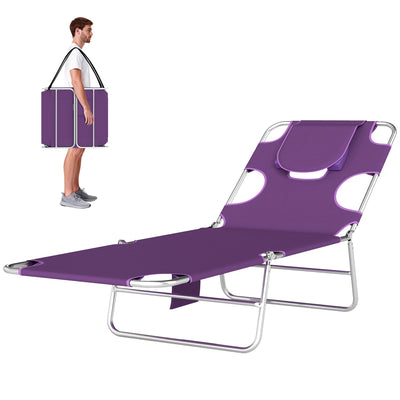 Tanning Chair with Face Hole, 5-Level Adjustable Outdoor Chaise Lounge Chair with Pillow for Beach, Pool
