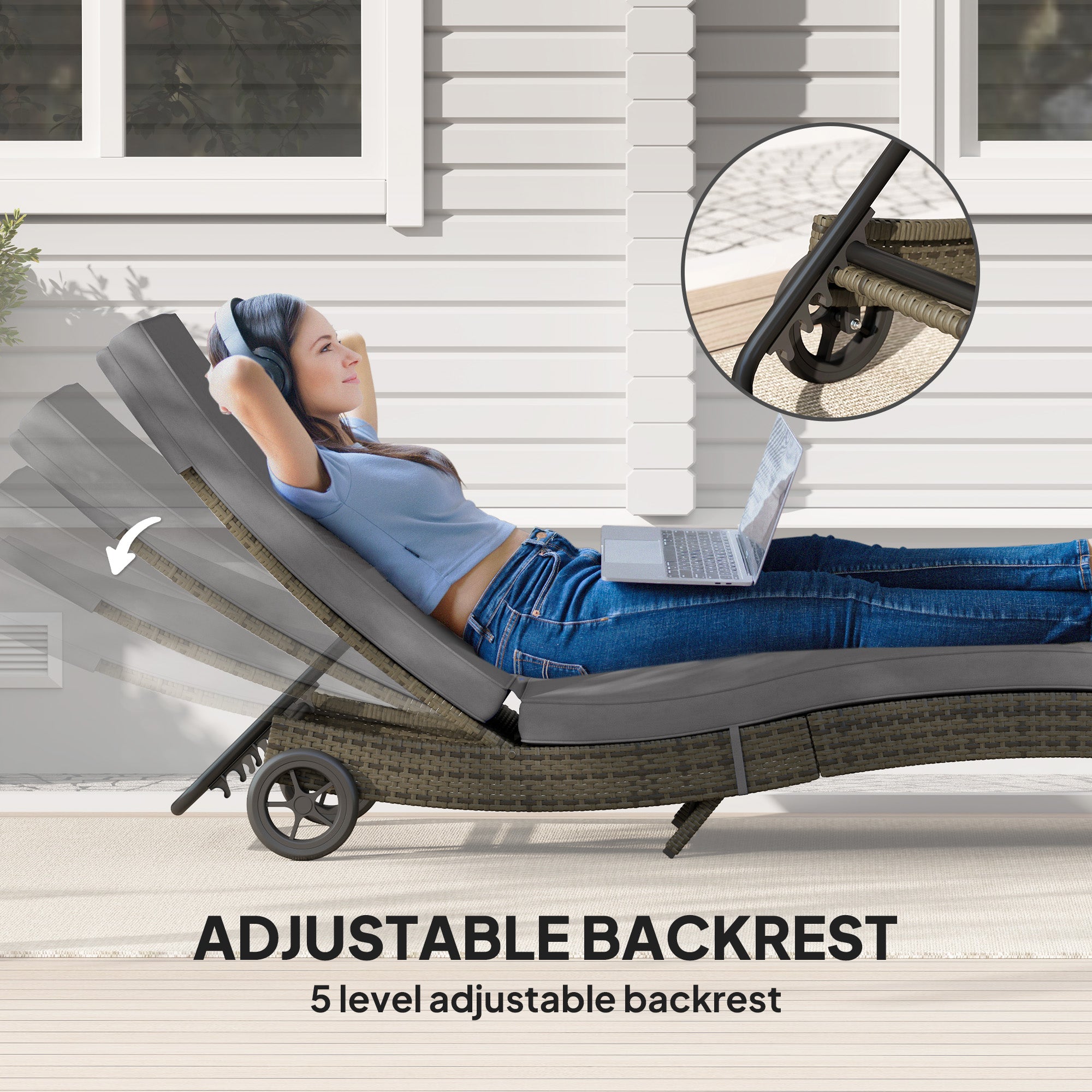 Patio Wicker Chaise Lounge Chair, Outdoor PE Rattan Sun lounger with Adjustable Backrest and 2 Wheels
