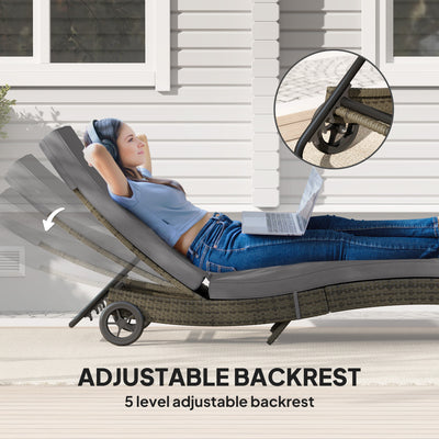 Patio Wicker Chaise Lounge Chair, Outdoor PE Rattan Sun lounger with Adjustable Backrest and 2 Wheels
