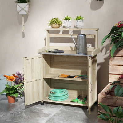 Outdoor Wooden Potting Bench with Storage Cabinet, Shelves, Galvanized Plated Tabletop for Backyard, Balcony