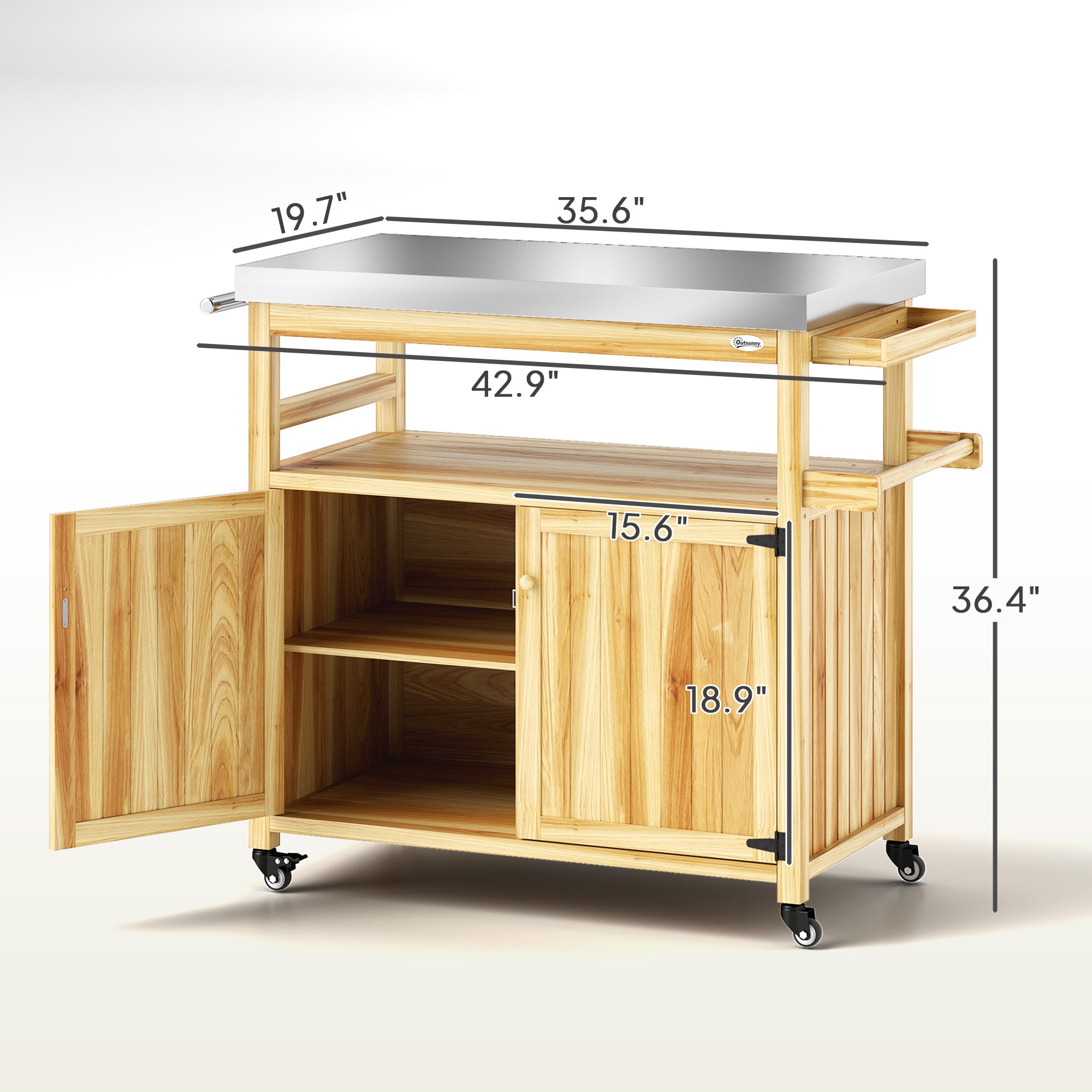 Outdoor Grill Cart w/ Stainless Steel Top, Solid Wood Outdoor Kitchen Island w/ Wheels, Storage Cabinets