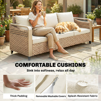 Rattan Wicker Sofa 3-Seater Outdoor Patio Sofa with Cushions for Garden Backyard Porch