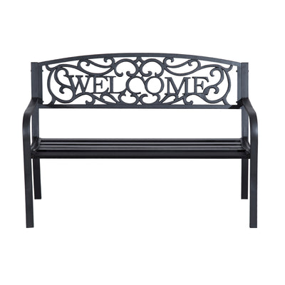 50" 2-Person Garden Bench Loveseat with Cast Iron Decorative Welcome Vines, Outdoor Patio Bench for Backyard, Porch, Entryway