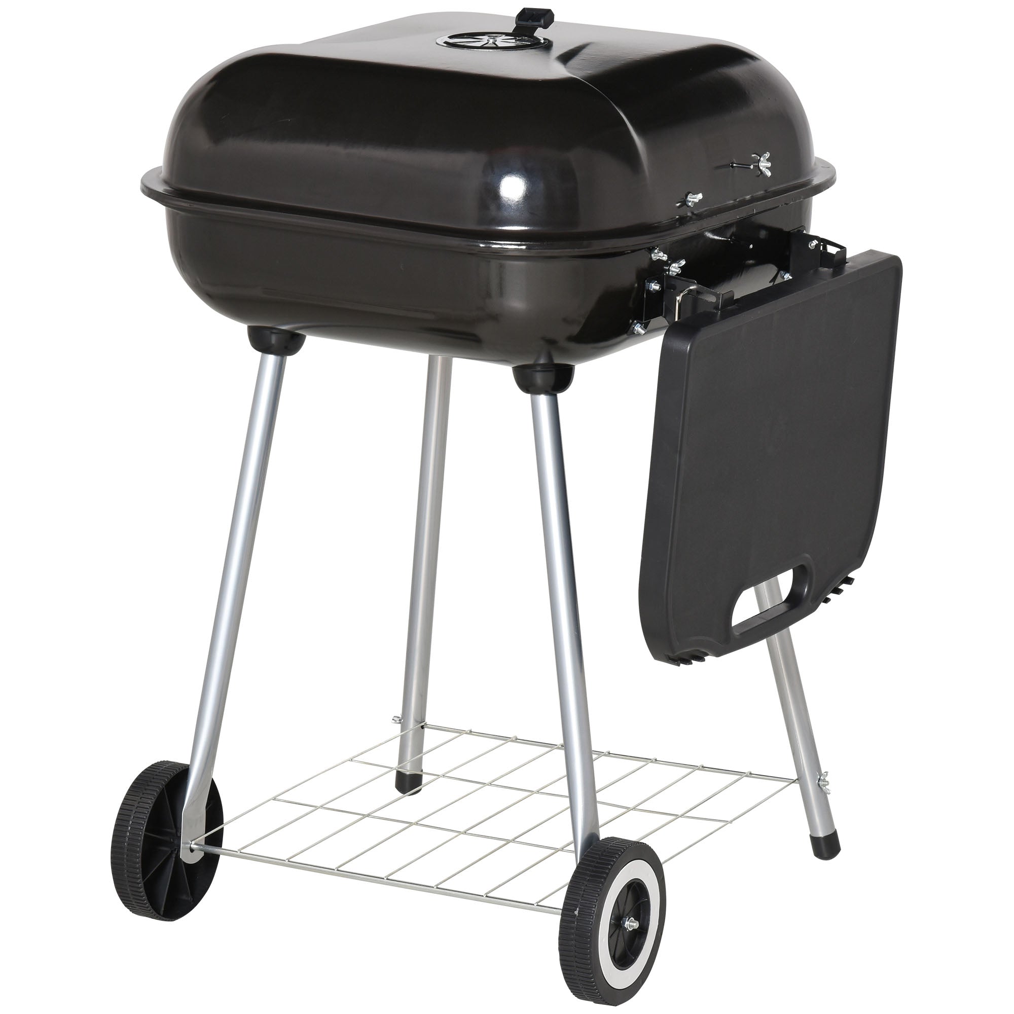 22" Charcoal Barbecue Grill with Portable Wheel, Side Tray and Lower Shelf for Outdoor BBQ for Garden, Backyard, Poolside