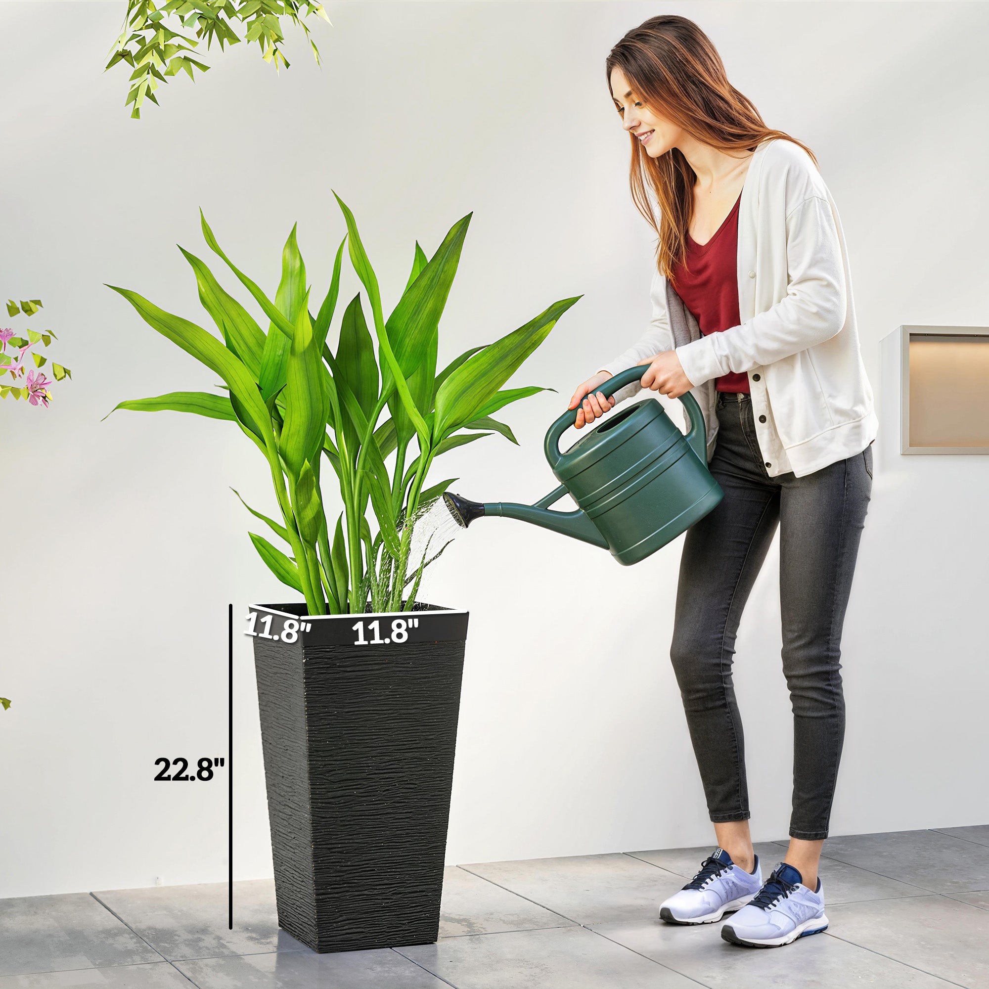 22.8 Inch Set of 3 Outdoor Planters with Stone Finish and Wheels, Stackable Tapered Planters with Drainage Hole