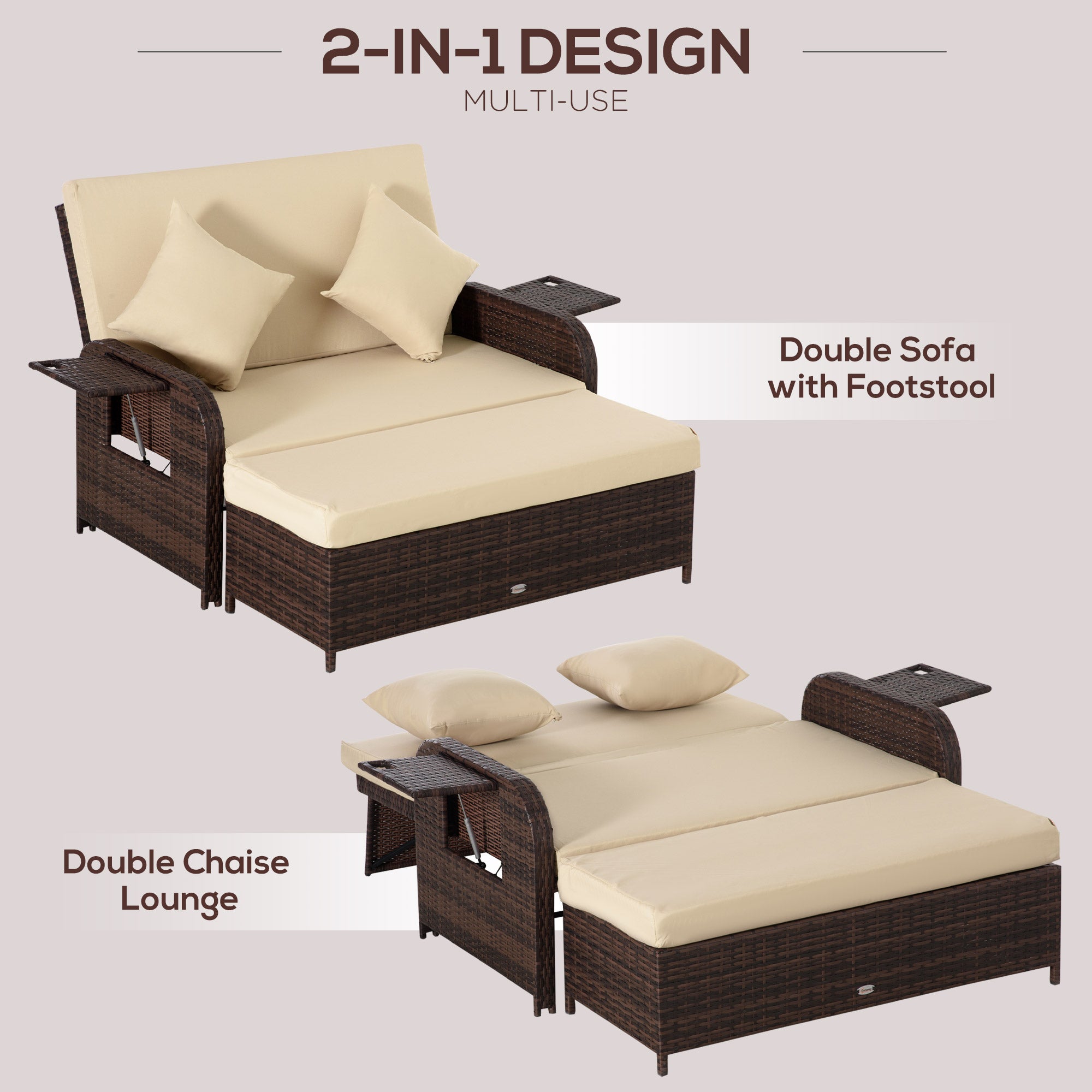 Patio Rattan Daybed with Cushions, Wicker Outdoor Bed Lounger w/ Loveseat, Storage Ottoman, Coffee & Side Tables, for Poolside, Porch, Backyard, Beige
