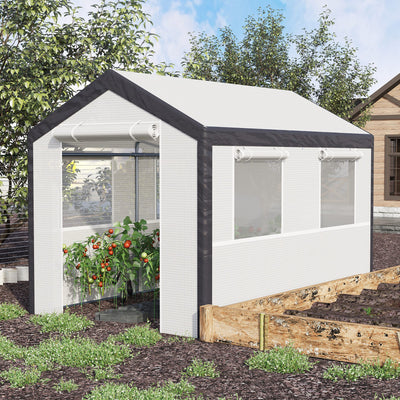 10' x 7' x 7' Greenhouse, Walk-in Outdoor Tunnel Green House with PE Cover, Steel Frame, 2 Roll-Up Zipper Doors & 4 Windows for Flowers, Vegetables, Tropical Plants, White