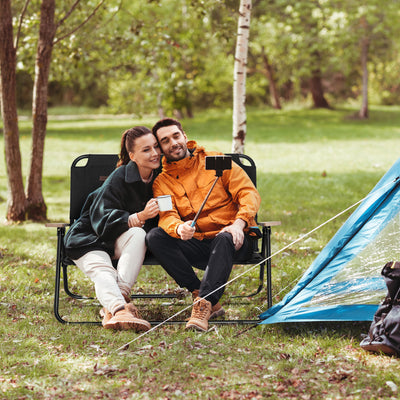 Double Folding Camping Chair, Loveseat for 2 Adults, Portable Camping Couch with Wood Armrest & Cupholders, for Backpacking, Beach, Sports Travel