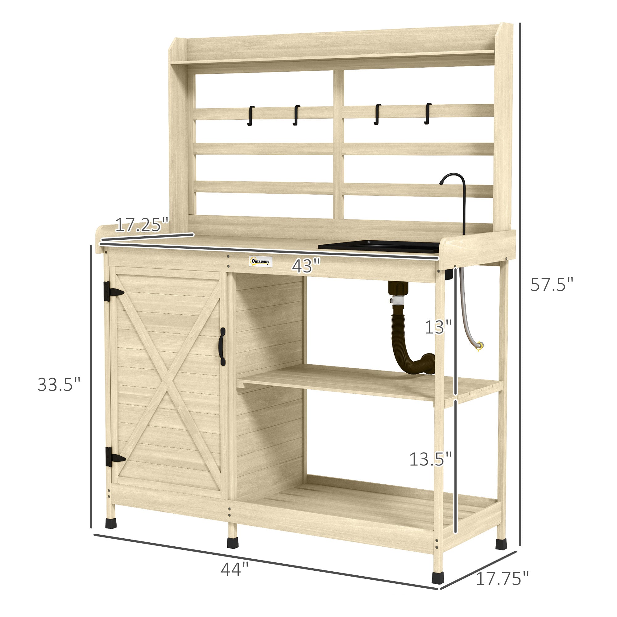 Wooden Potting Bench with Storage, Sink, Water Tap for Backyard, Patio, Balcony