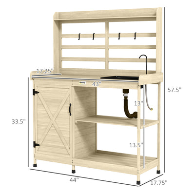 Wooden Potting Bench with Storage, Sink, Water Tap for Backyard, Patio, Balcony