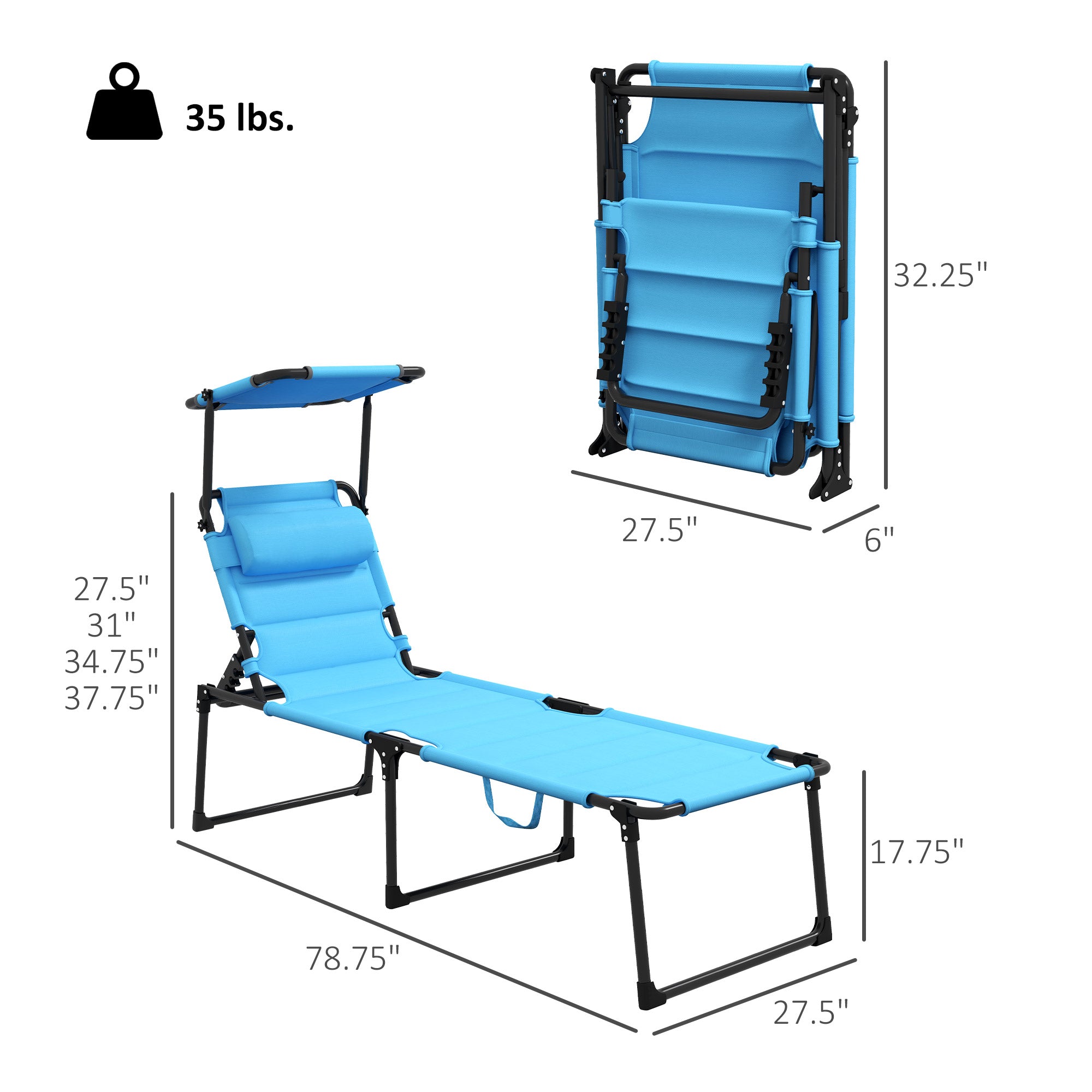 2 Pcs Outdoor Lounge Chair, 4 Position Adjustable Backrest, Folding, Cushioned w/ Sun Shade Roof & Pillow