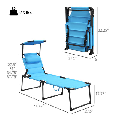2 Pcs Outdoor Lounge Chair, 4 Position Adjustable Backrest, Folding, Cushioned w/ Sun Shade Roof & Pillow