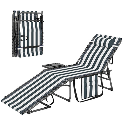 Folding Outdoor Chaise Lounge Chair Tanning Chair with 5-Level Adjustable Back, Side Table, Pillow, Pocket